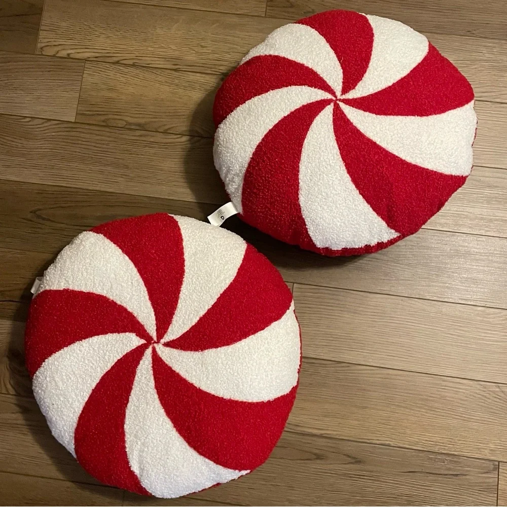 2 Peppermint Christmas Throw Pillows Red White 18”